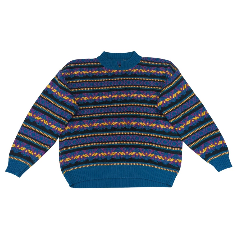 Vintage Knit Sweater Womens Large - XL Small Striped Crew Neck Pullover Colorful